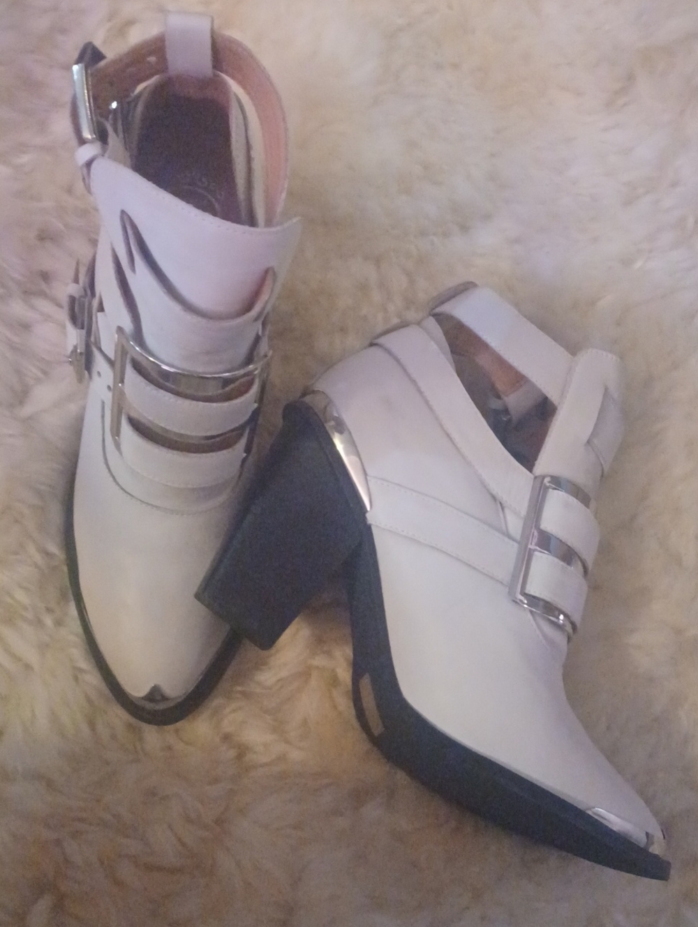 JEFFREY CAMPBELL White LEATHER OVERSIZED SILVER  Buckle Ankle Boots Sz.10